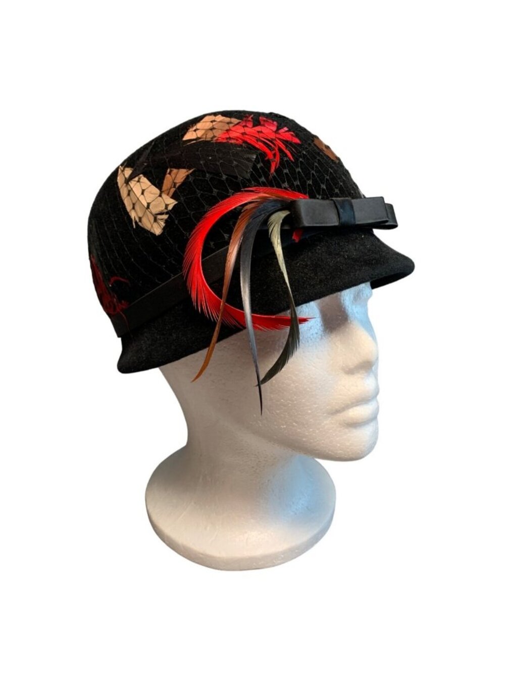 Vintage Fiechet Black Hat with Netting & Feather Accents Size 21